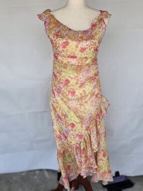 ASTR the Label Luvita Floral Ruffle Chiffon Midi Dress Yellow Pink Medium